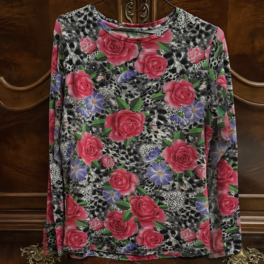 IBKUL Floral Print Long Sleeve Blouse - Red, Pink, Purple